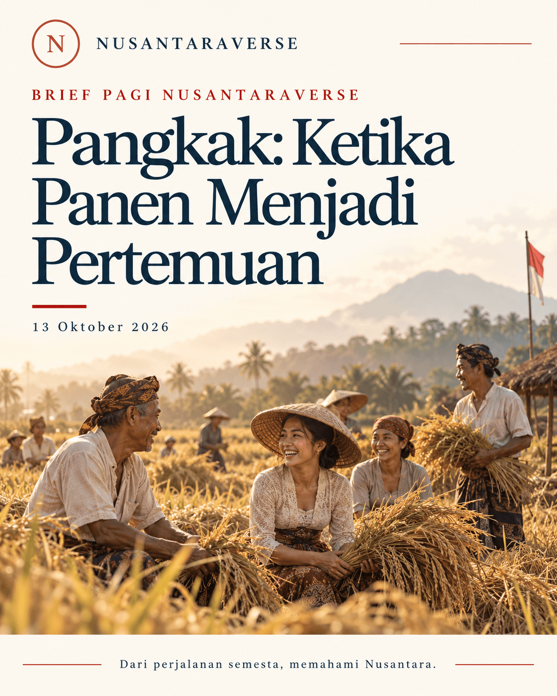 Ilustrasi editorial AI Nusantaraverse tentang panen padi dan kebersamaan untuk artikel Pangkak, bukan dokumentasi langsung tradisi Kangean.