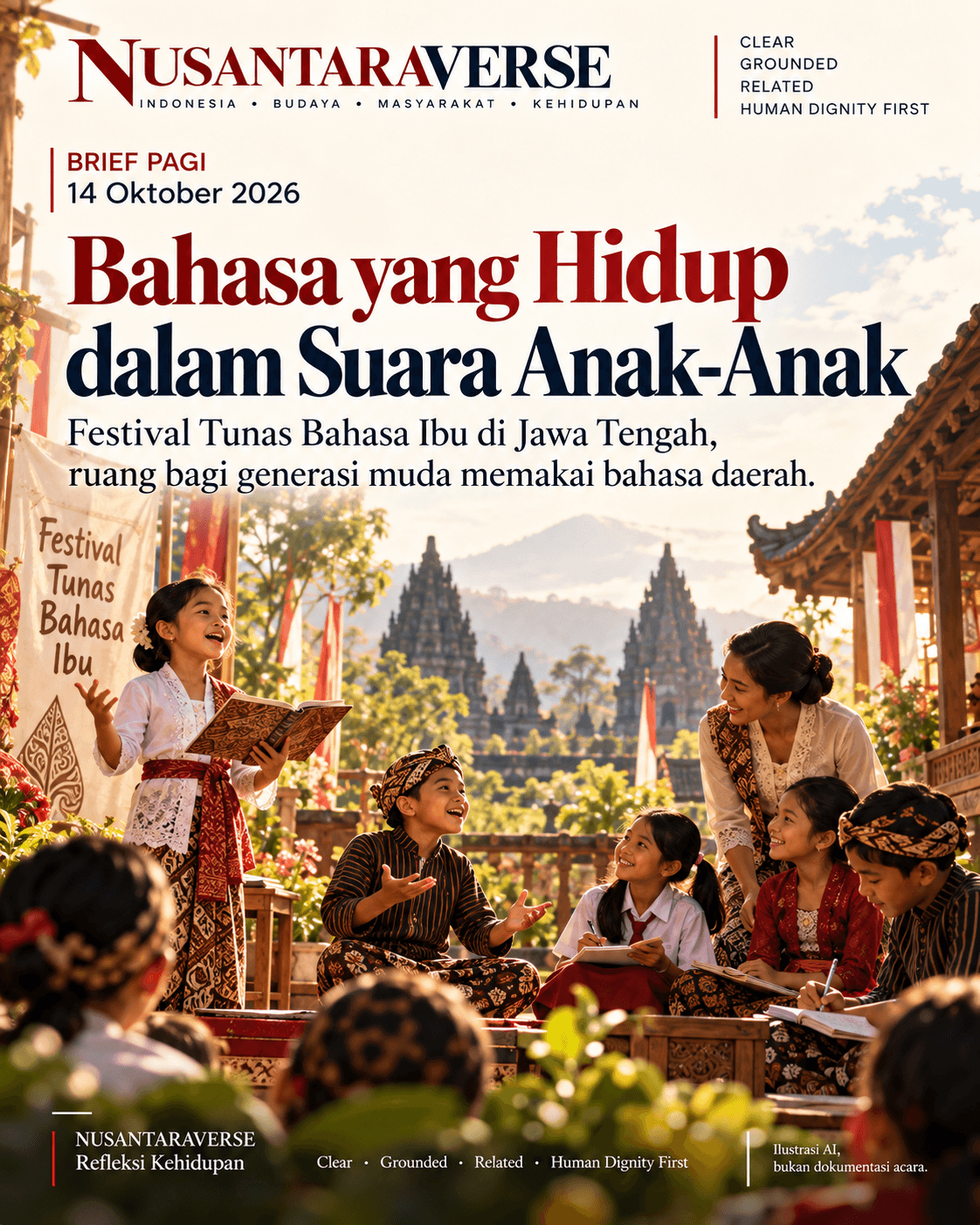 Ilustrasi AI anak-anak berbahasa Jawa bersama pendidik. Bukan dokumentasi nyata FTBI Jawa Tengah.