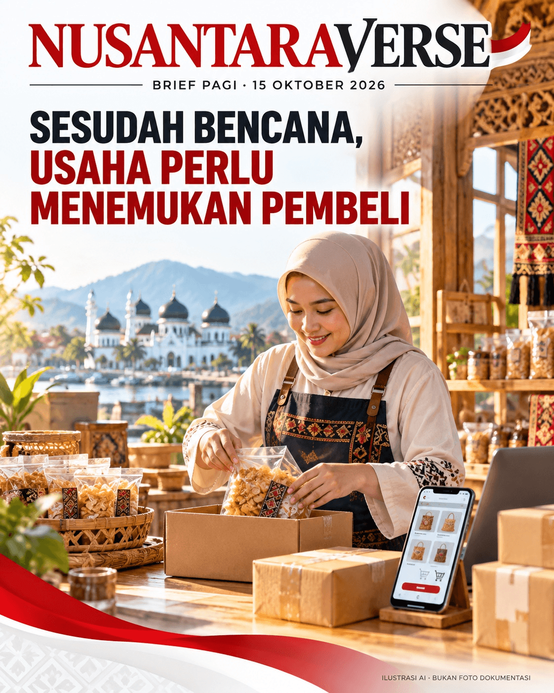 Ilustrasi AI pelaku UMKM Aceh menyiapkan produk dan pesanan digital, bukan foto kegiatan sesungguhnya.