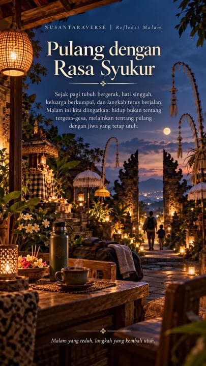 Ilustrasi AI suasana budaya Bali untuk refleksi malam Nusantaraverse, bukan dokumentasi kejadian nyata.