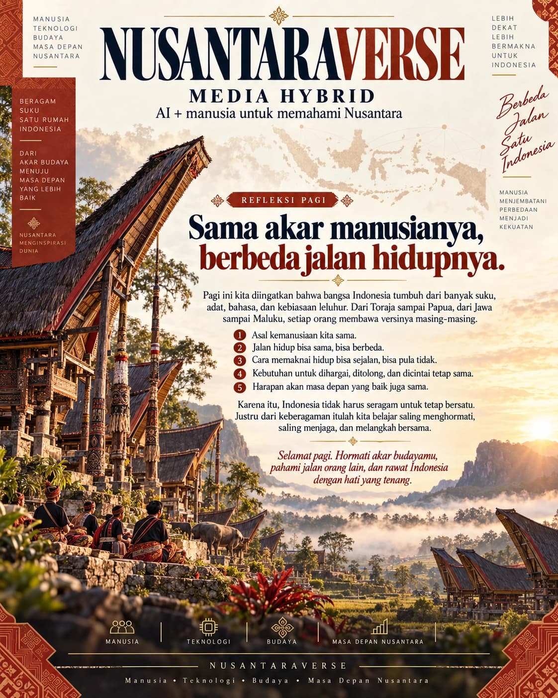 Poster ilustrasi editorial AI perempuan Sasak menenun di dekat rekonstruksi rumah adat, Rumah Dibangun, Hidup Dilanjutkan