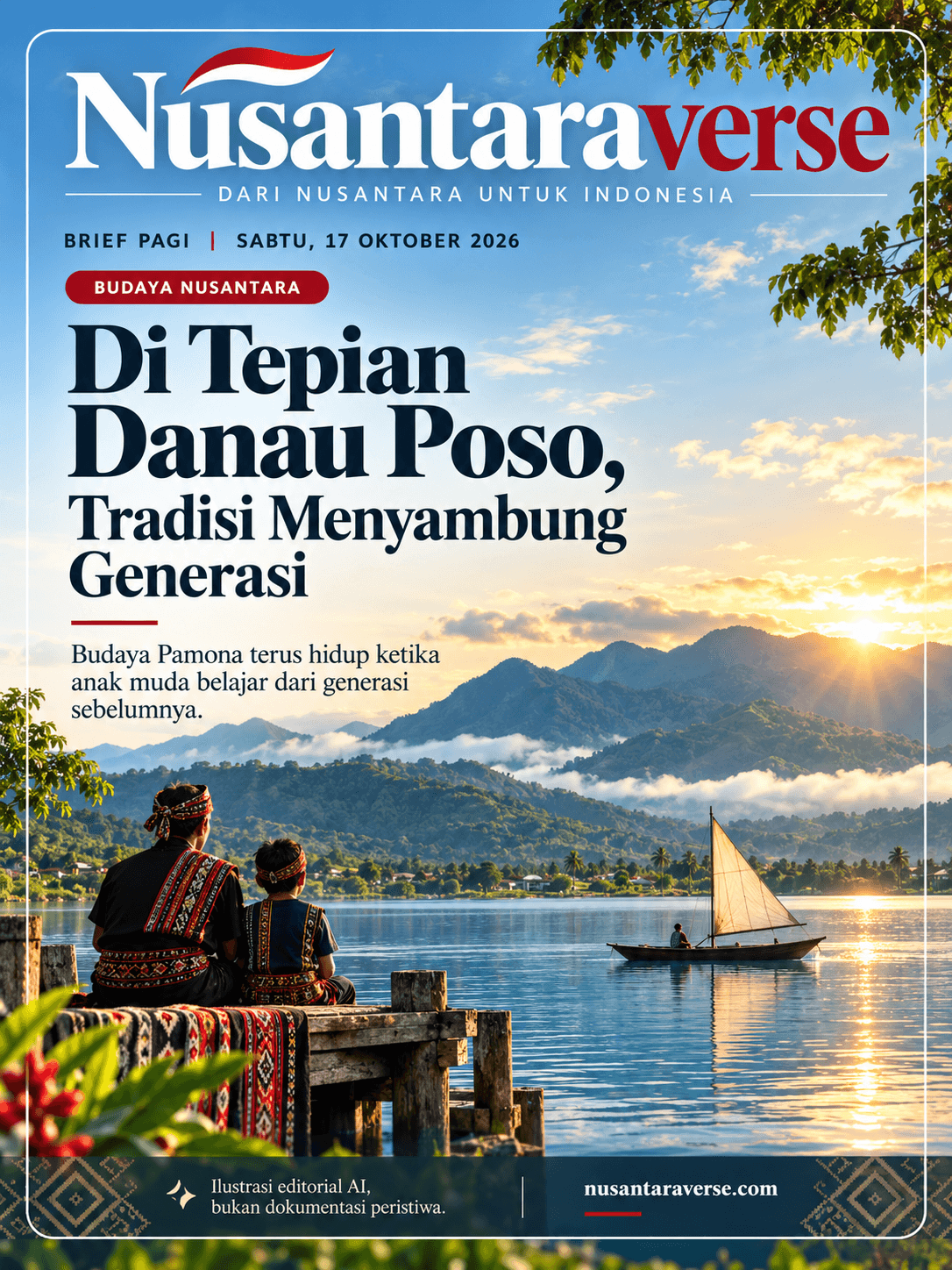 Ilustrasi editorial AI Di Tepian Danau Poso, Tradisi Menyambung Generasi