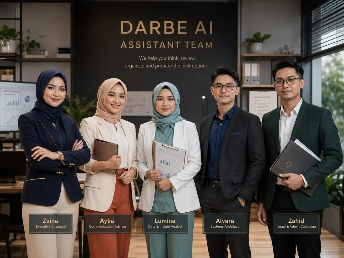 Zaina, Aylia, Lumina, Alvara, dan Zahid sebagai tim AI Redaksi NUSAN